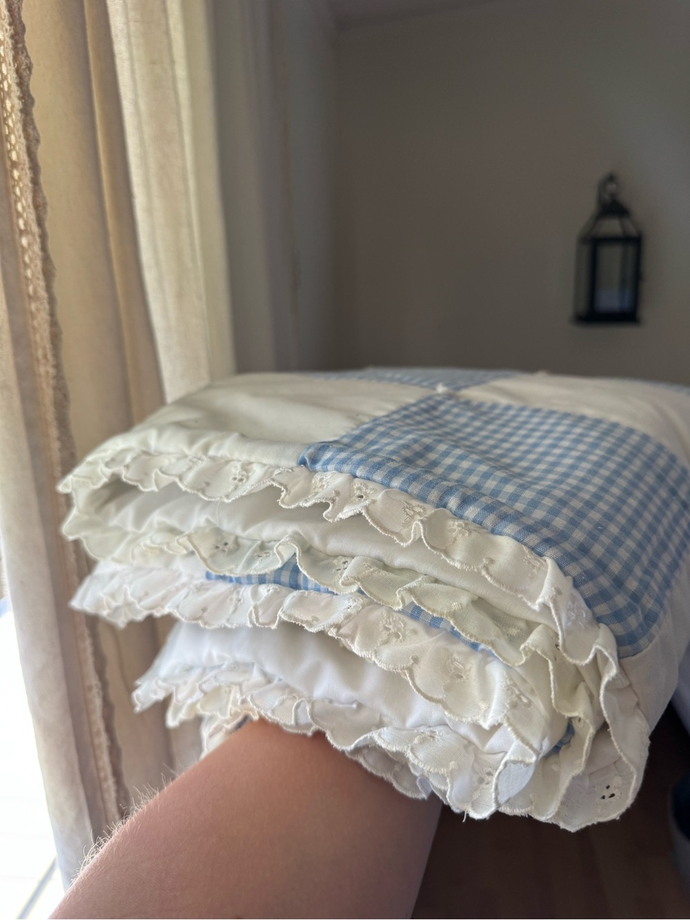 Handmade Heirloom Classic Blue Gingham and White Ruffle Baby Quilt -